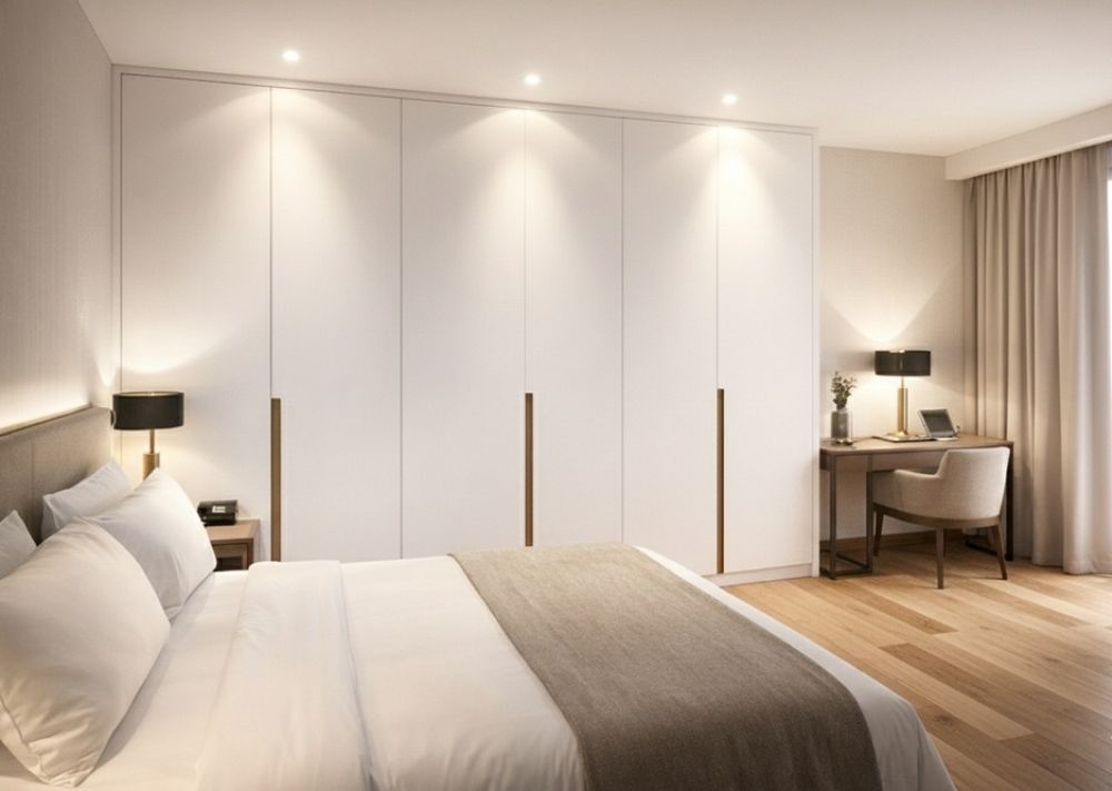 Habitación moderna con toques cálidos 